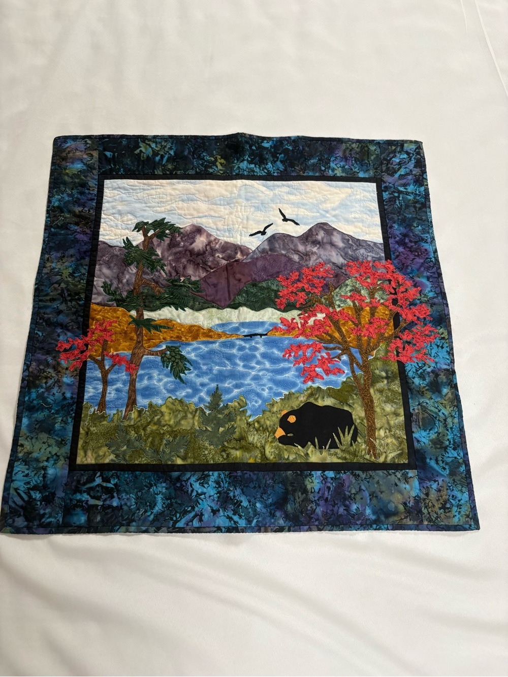 Handmade quilted bear nature scene table topper or wall hanging